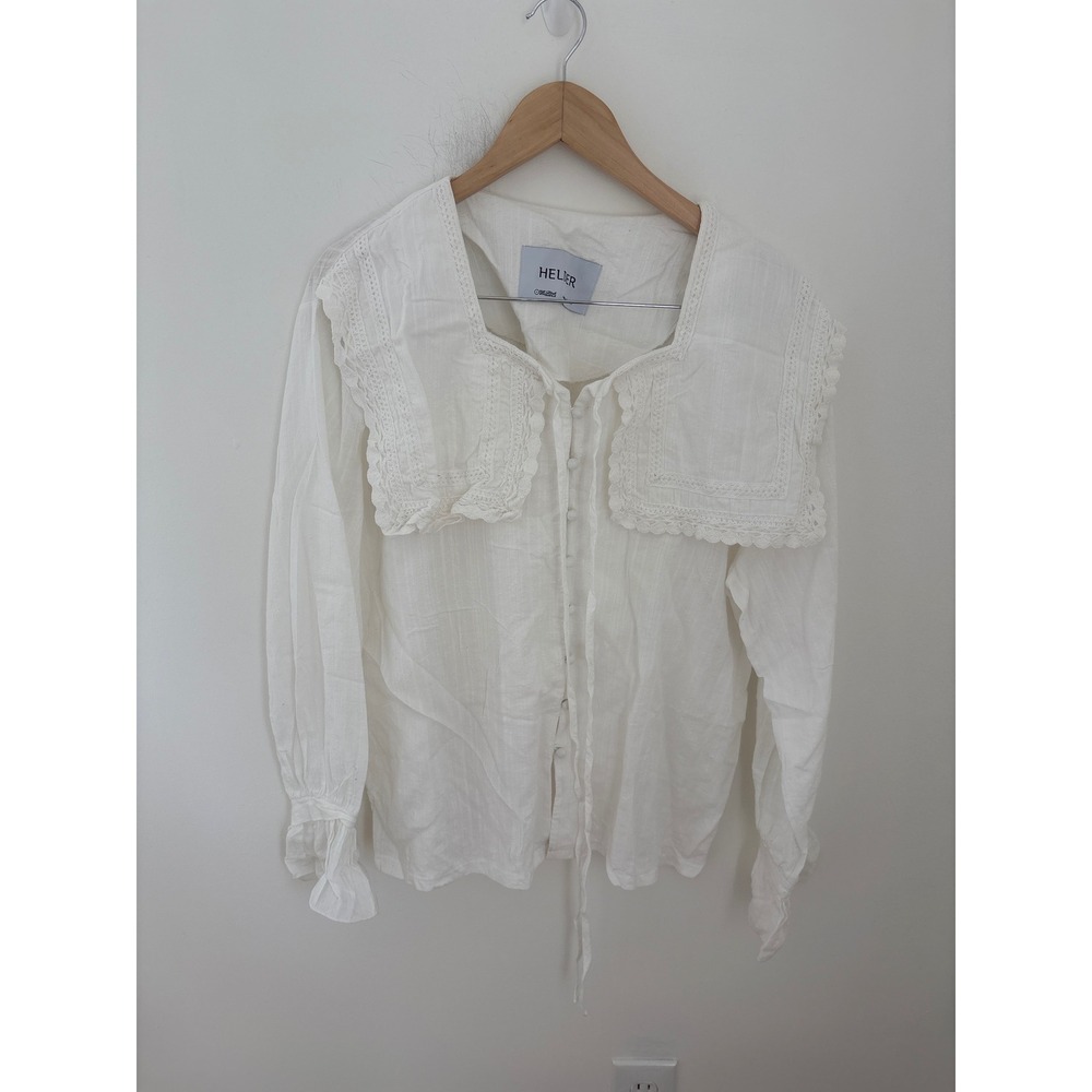 Helder White Lace Sailor Collar Blouse Button Down Ruffle Cuff Made in Korea
